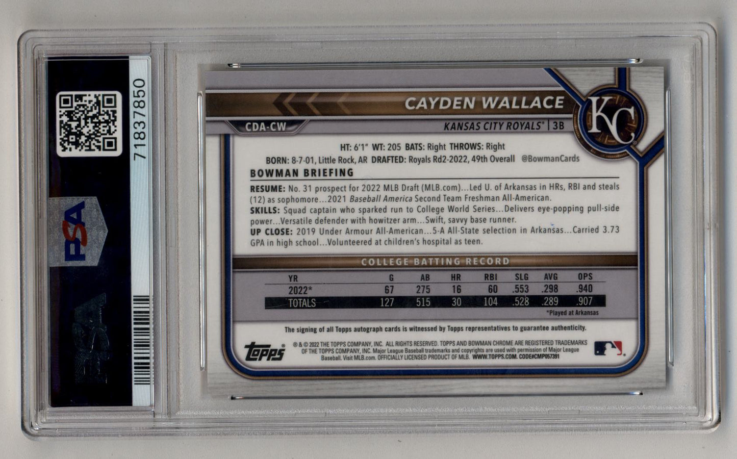 Cayden Wallace 2022 Bowman Chrome Draft Gold Wave Refractor Auto 25/50 PSA 10 Gem Mint Auto 10
