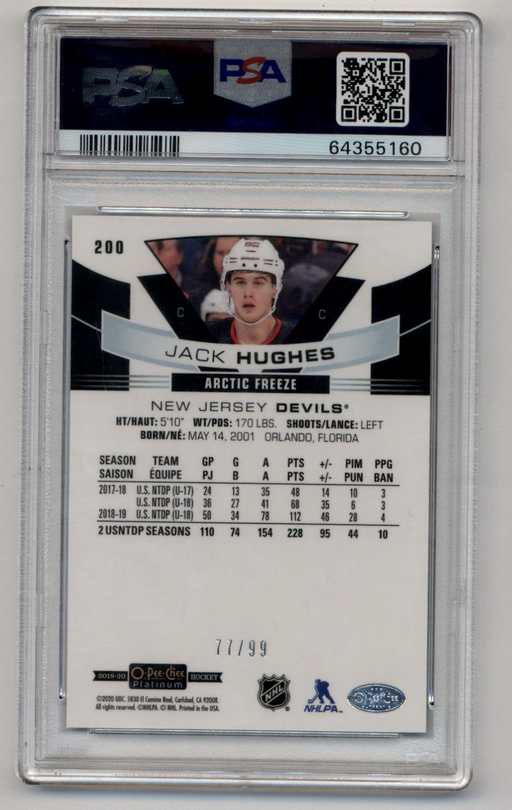 Jack Hughes 2019-20 O-Pee-Chee Platinum #200 Artic Freeze 77/99 PSA 10 Gem Mint