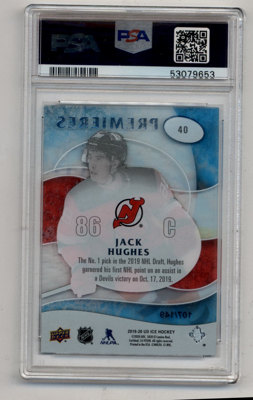 Jack Hughes 2019-20 Upper Deck Ice Ice Premieres Retro 107/149 PSA 10 Gem Mint