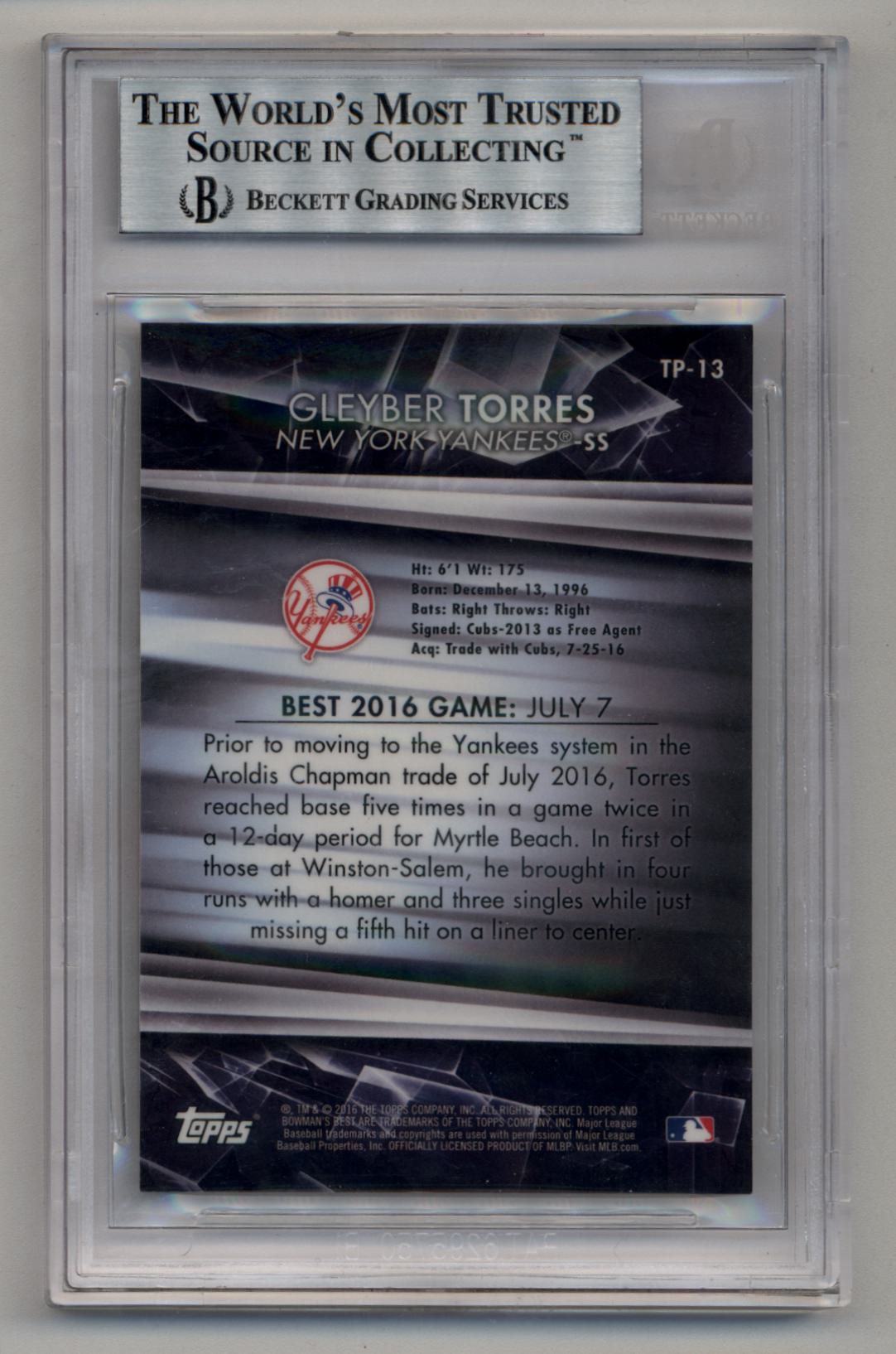Gleyber Torres 2016 Bowman's Best Top Prospects #TP13 Superfractor 1/1 BGS 9