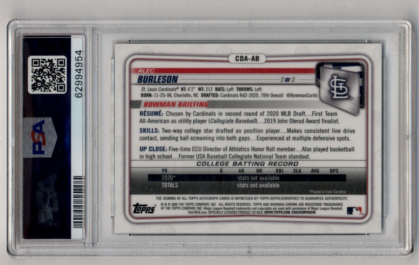 Alec Burleson 2020 Bowman Chrome Draft Picks Black Refractor Auto 73/75 PSA 10 Gem Mint