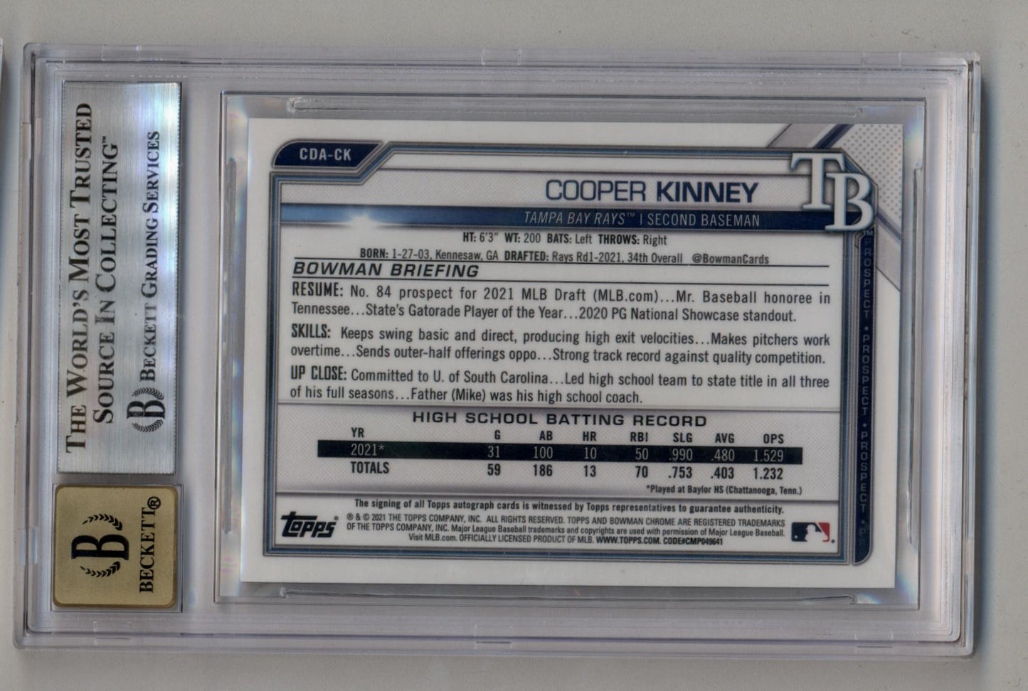 Cooper Kinney 2021 Bowman Chrome Draft Prospects Black Refractor Auto 26/75 BGS 9 Mint Auto 10