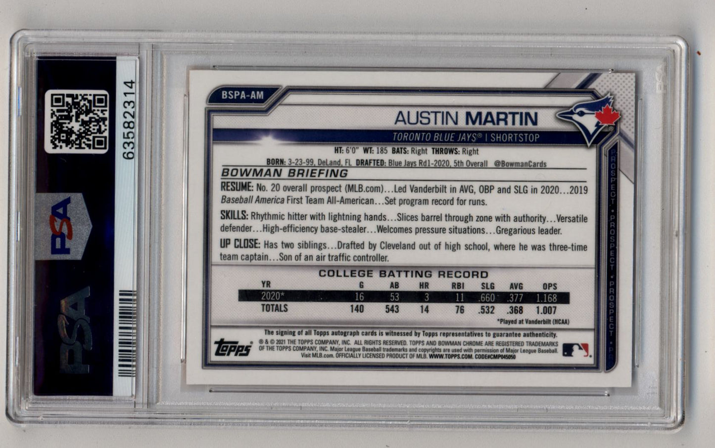 Austin Martin 2021 Bowman Chrome Sapphire Edition Orange Refractor Auto 05/25 PSA 10 Gem Mint