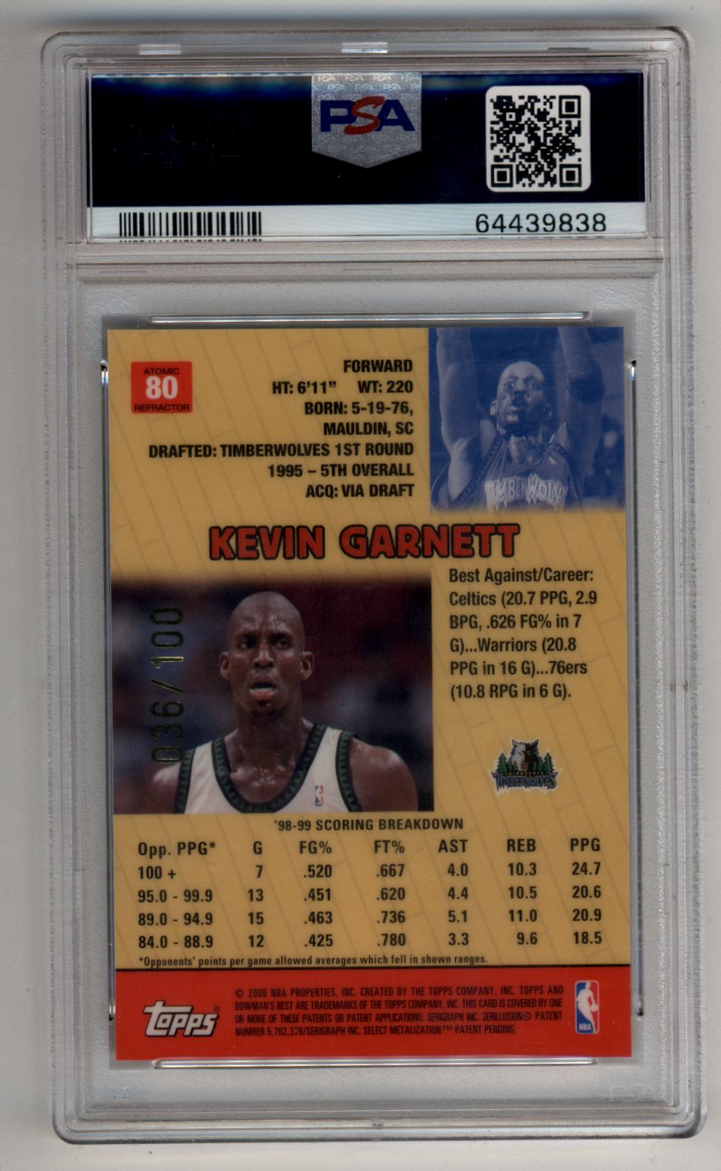 Kevin Garnett 1999-00 Bowman's Best Atomic Refractor 036/100 #80 PSA 9 Mint