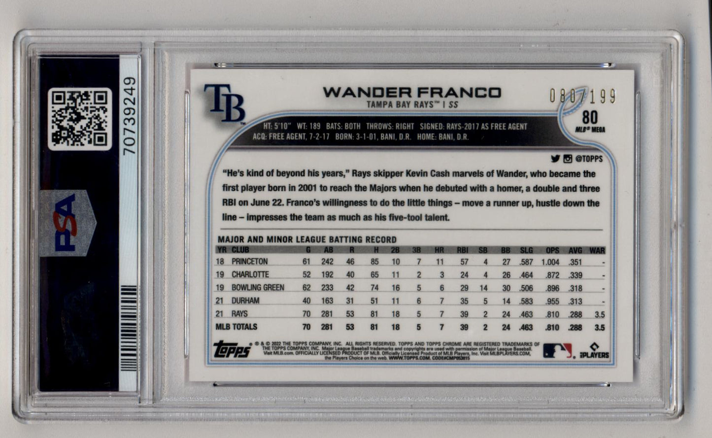 Wander Franco 2022 Topps Chrome Lite Pink #80 080/199 PSA 10 Gem Mint