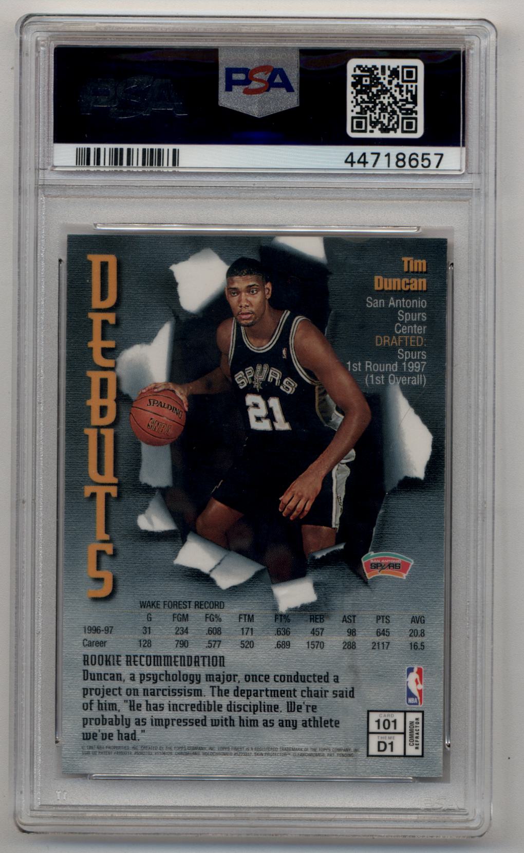 Tim Duncan 1997-98 Finest Refractor #101 PSA 9 Mint
