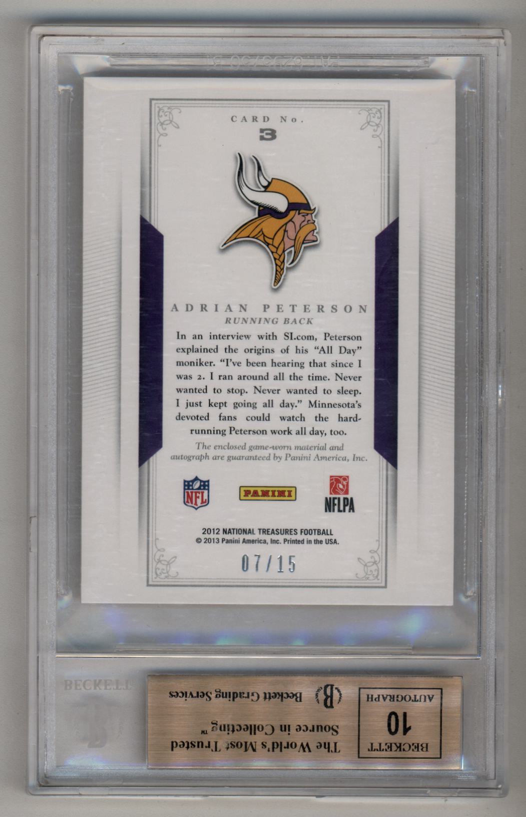 Adrian Peterson 2012 National Treasures Timeline Materials Signature Custom Team Name 07/15 BGS 9.5 Gem Mint