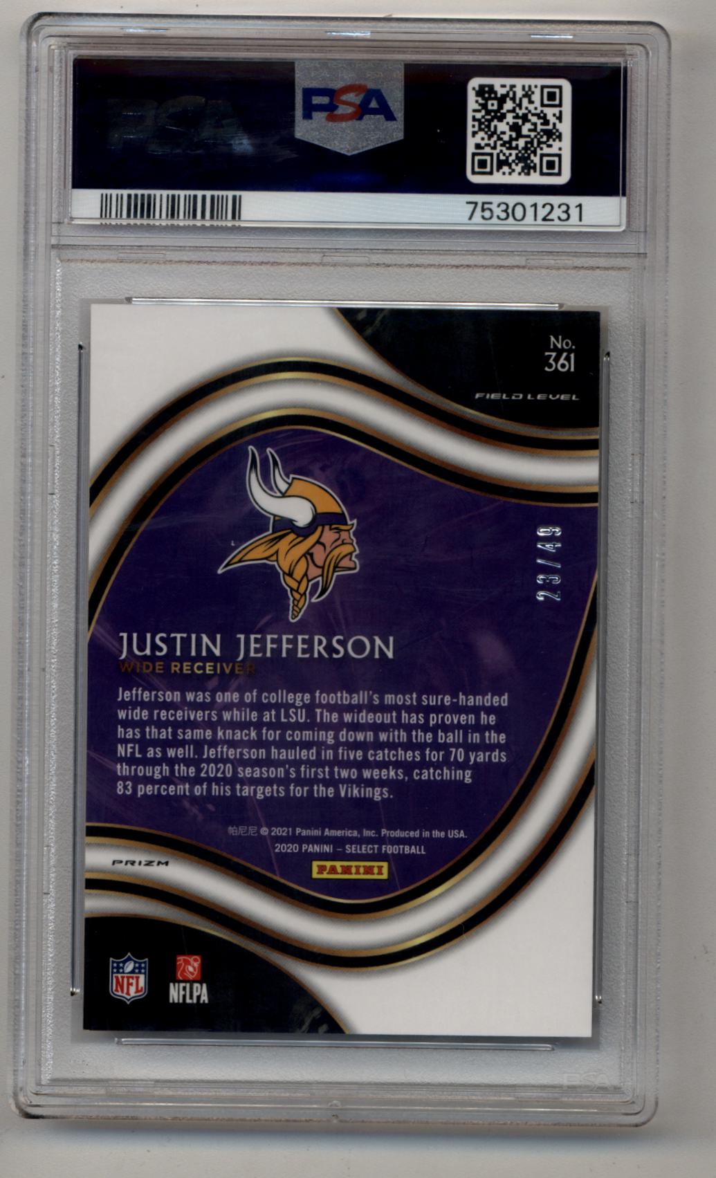Justin Jefferson 2020 Select Blue Prizm #361 23/49 PSA 10 Gem Mint
