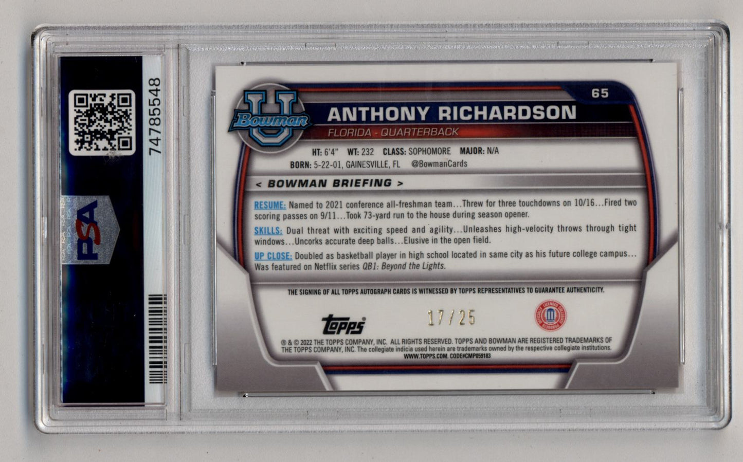 Anthony Richardson 2022 Bowman University Orange Shimmer Refractor Auto 17/25 PSA 9 Mint Auto 10