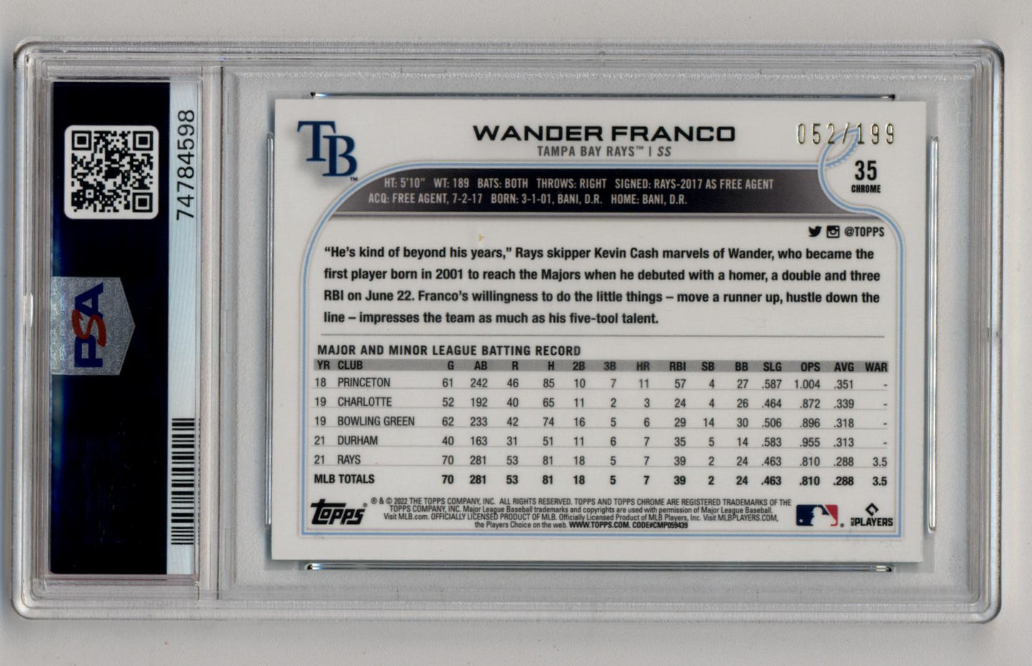 Wander Franco 2022 Topps Chrome Sonic 052/199 Aqua Raywave Refractor PSA 10 Gem Mint