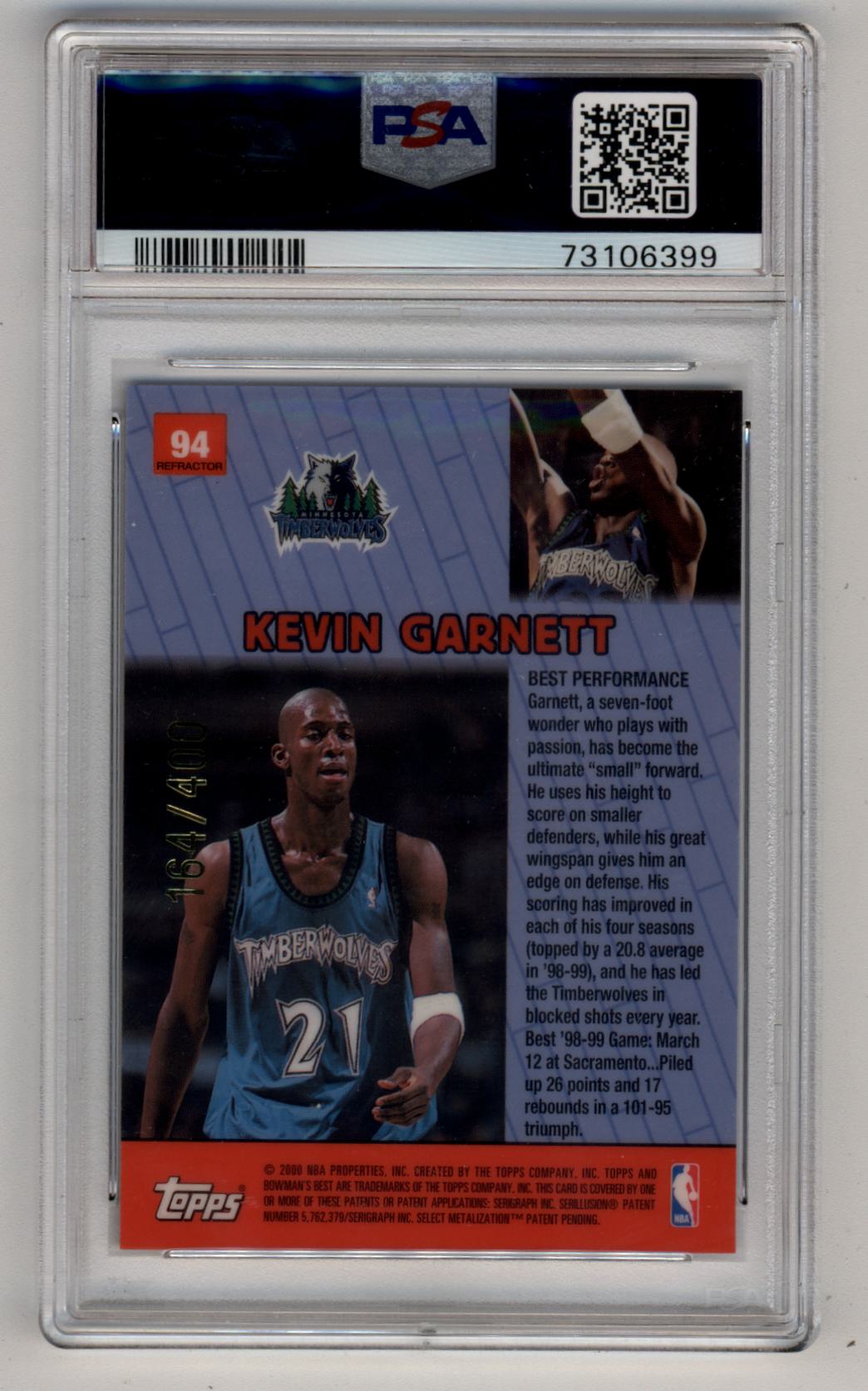Kevin Garnett 1999-00 Bowman's Best #94 Refractor 164/400 PSA 10 Gem Mint