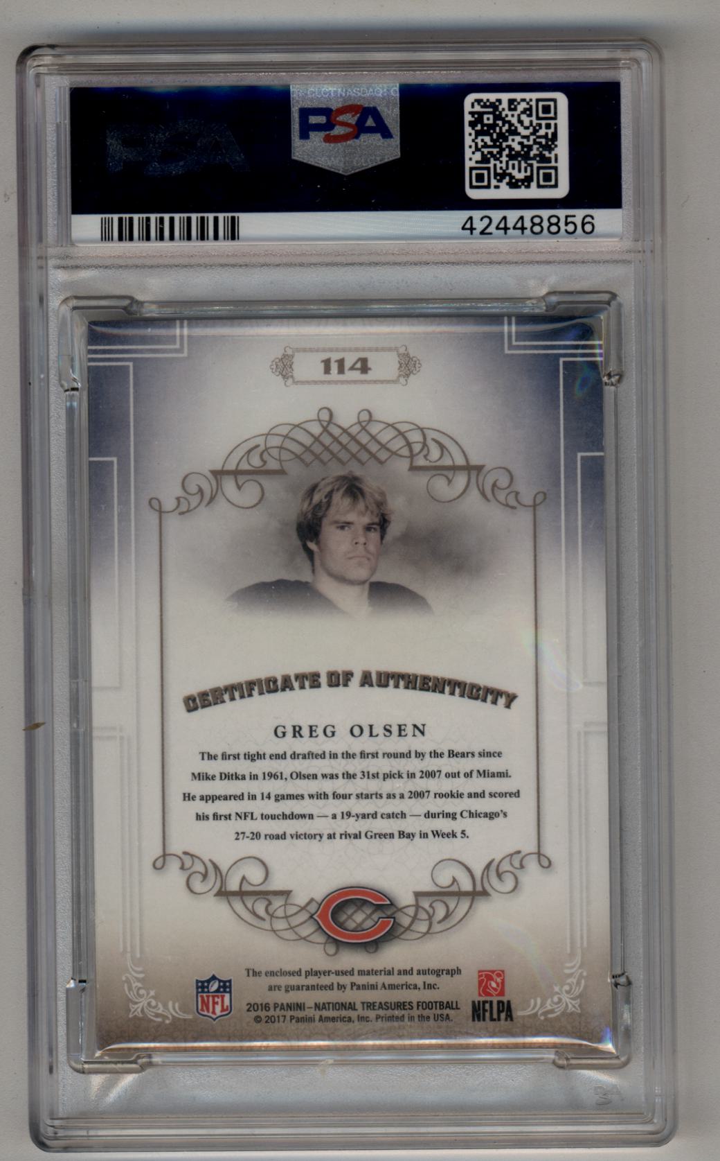 Greg Olsen 2016 National Treasures Platinum Patch Auto 1/1