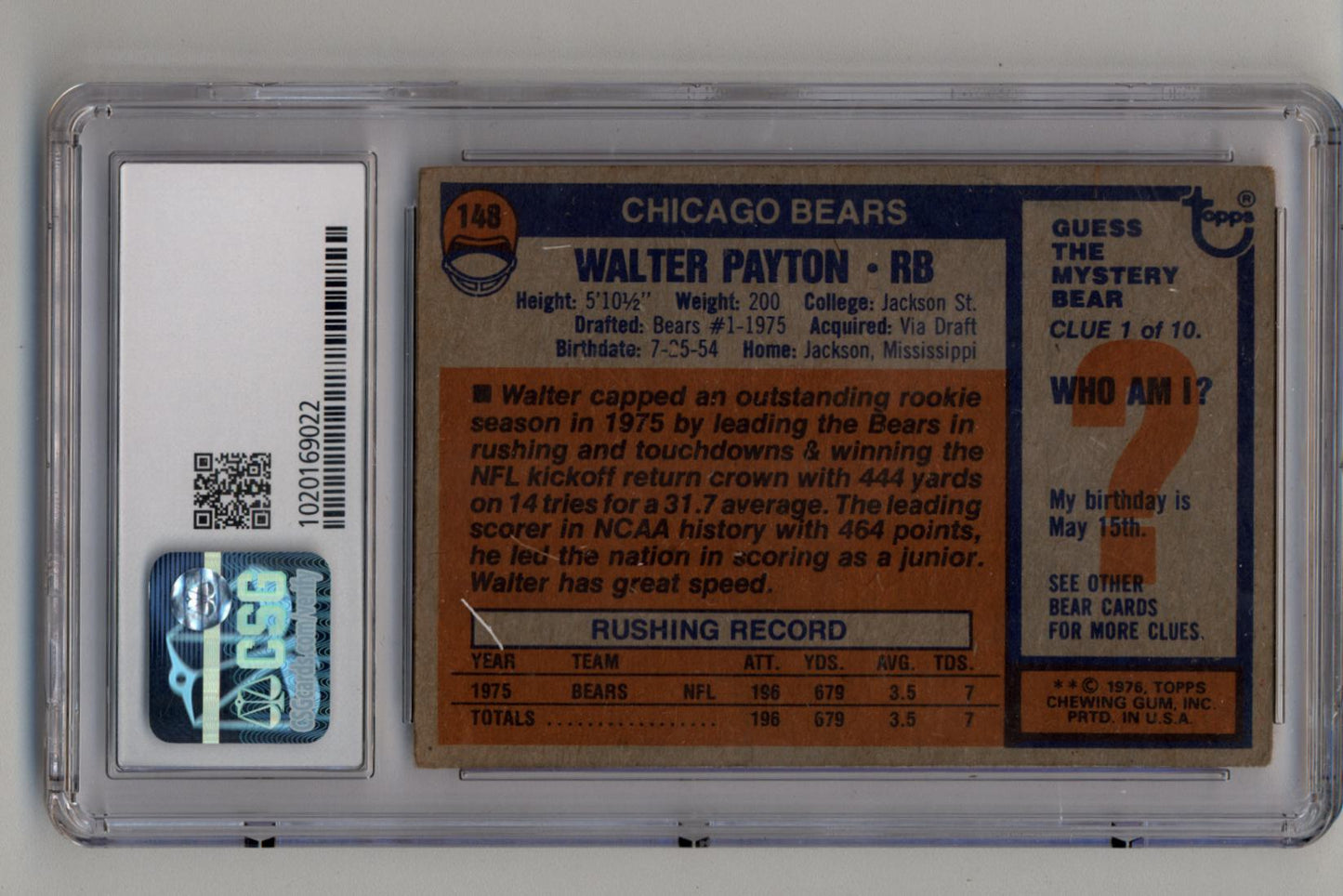 Walter Payton 1976 Topps #148 CSG 3 Very Good