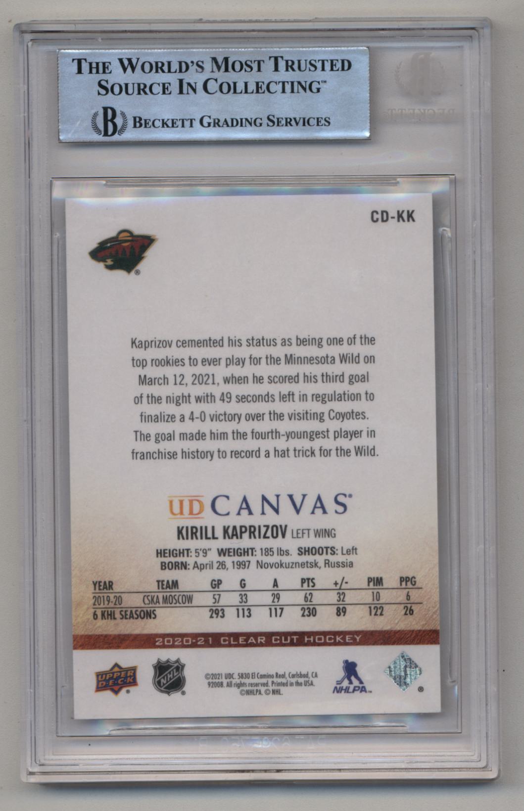 Kirill Kaprizov 2020-21 UD Clear Cut Canvas Kirill Kaprizov BGS Authentication 9178