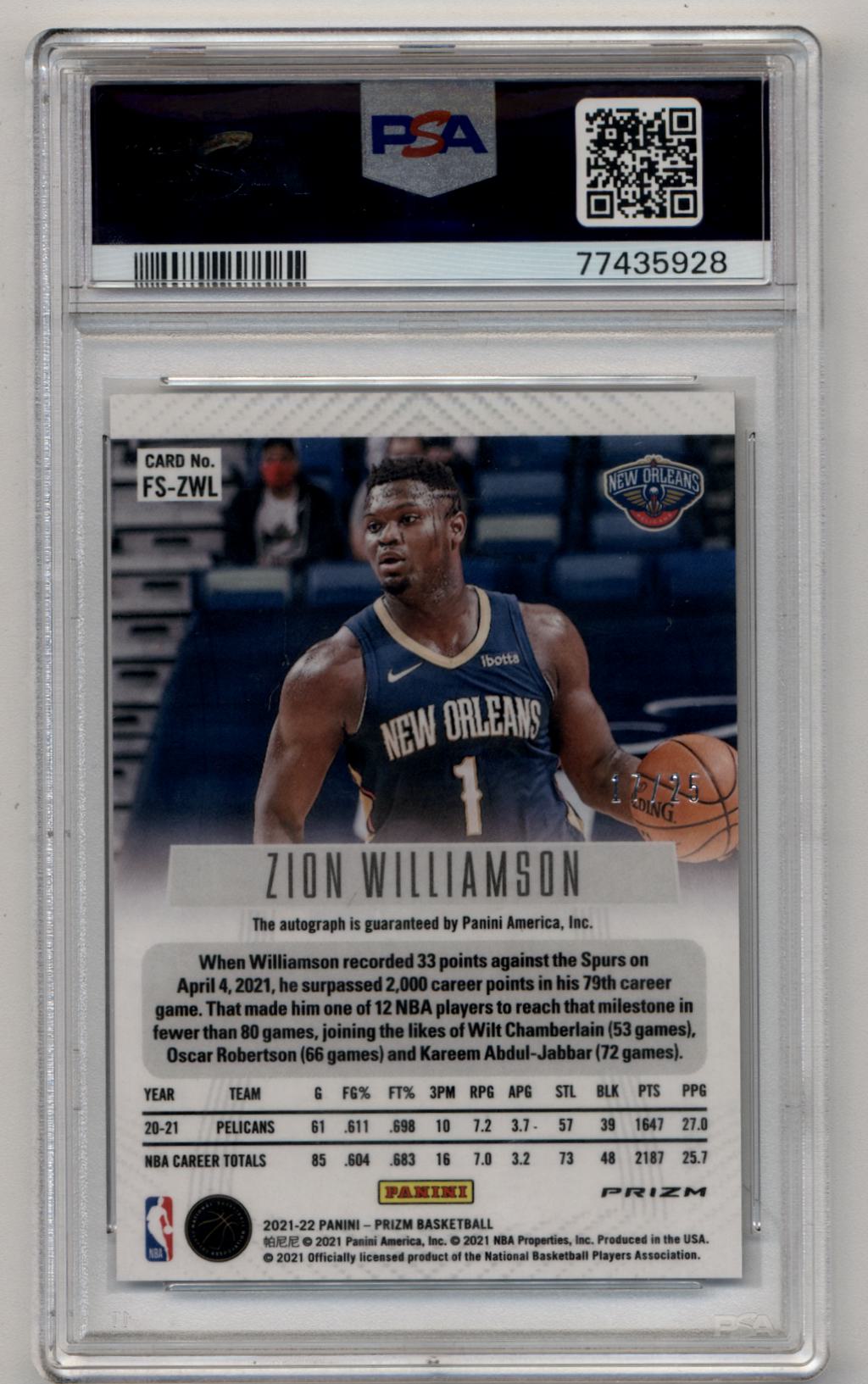 Zion Williamson 2021-22 Prizm Flashback Signature Mojo Auto 17/25 PSA 10 Gem Mint Auto 10