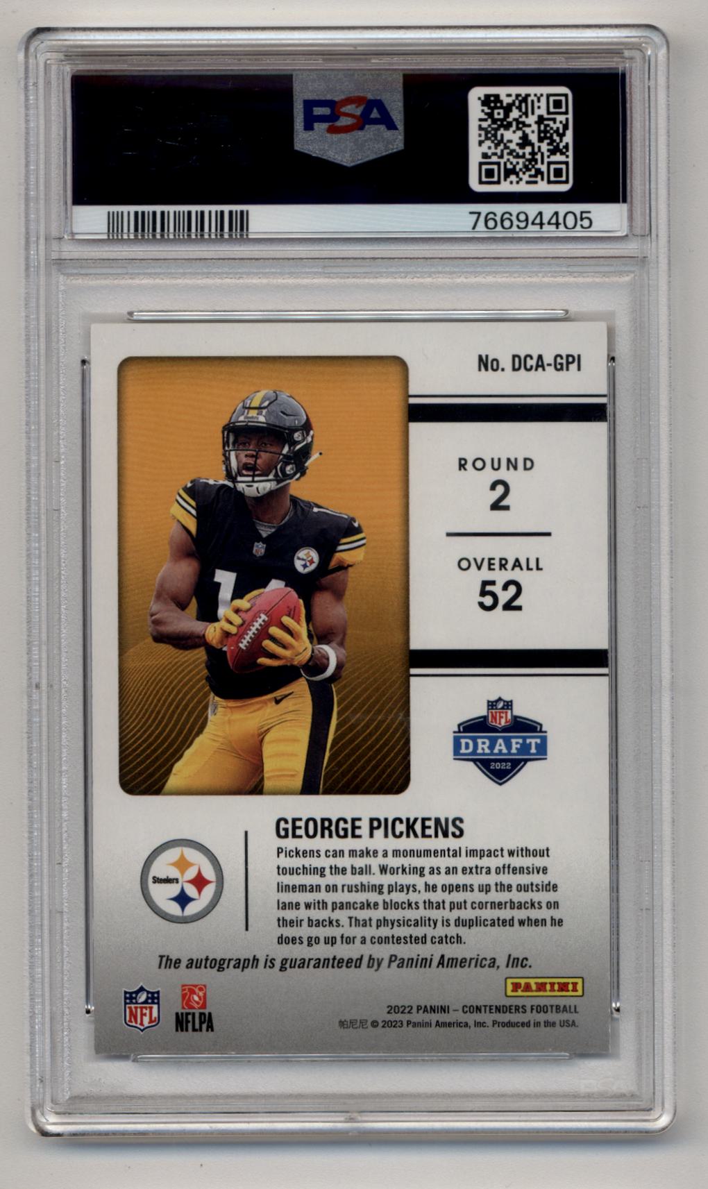 George Pickens 2022 Contenders Draft Class Auto Gold 07/22 PSA 10 Gem Mint Auto 10