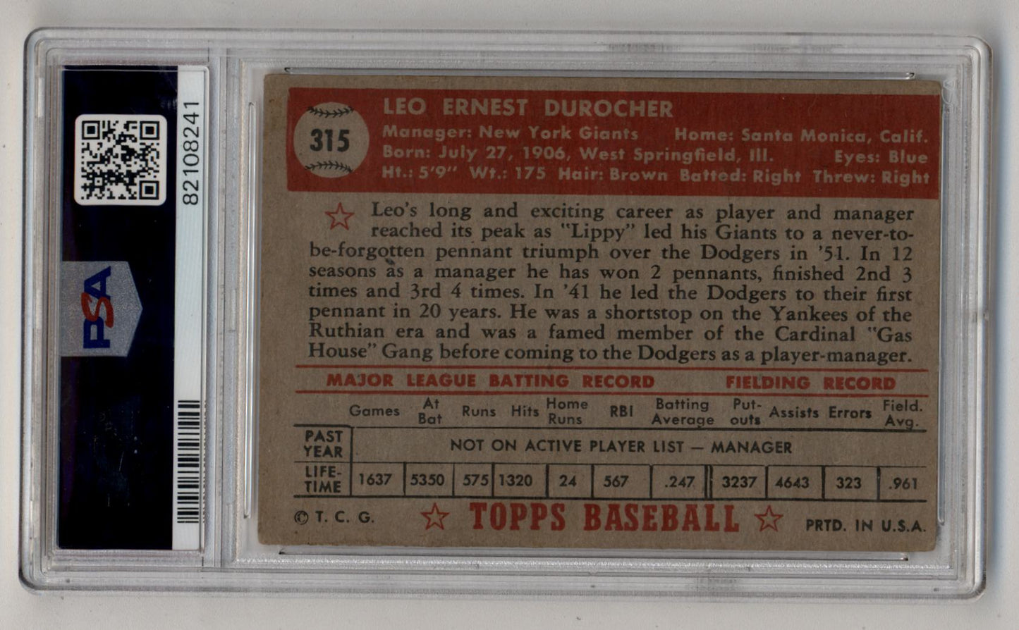 Leo Durocher 1952 Topps #315 PSA 3 Very Good (MC)