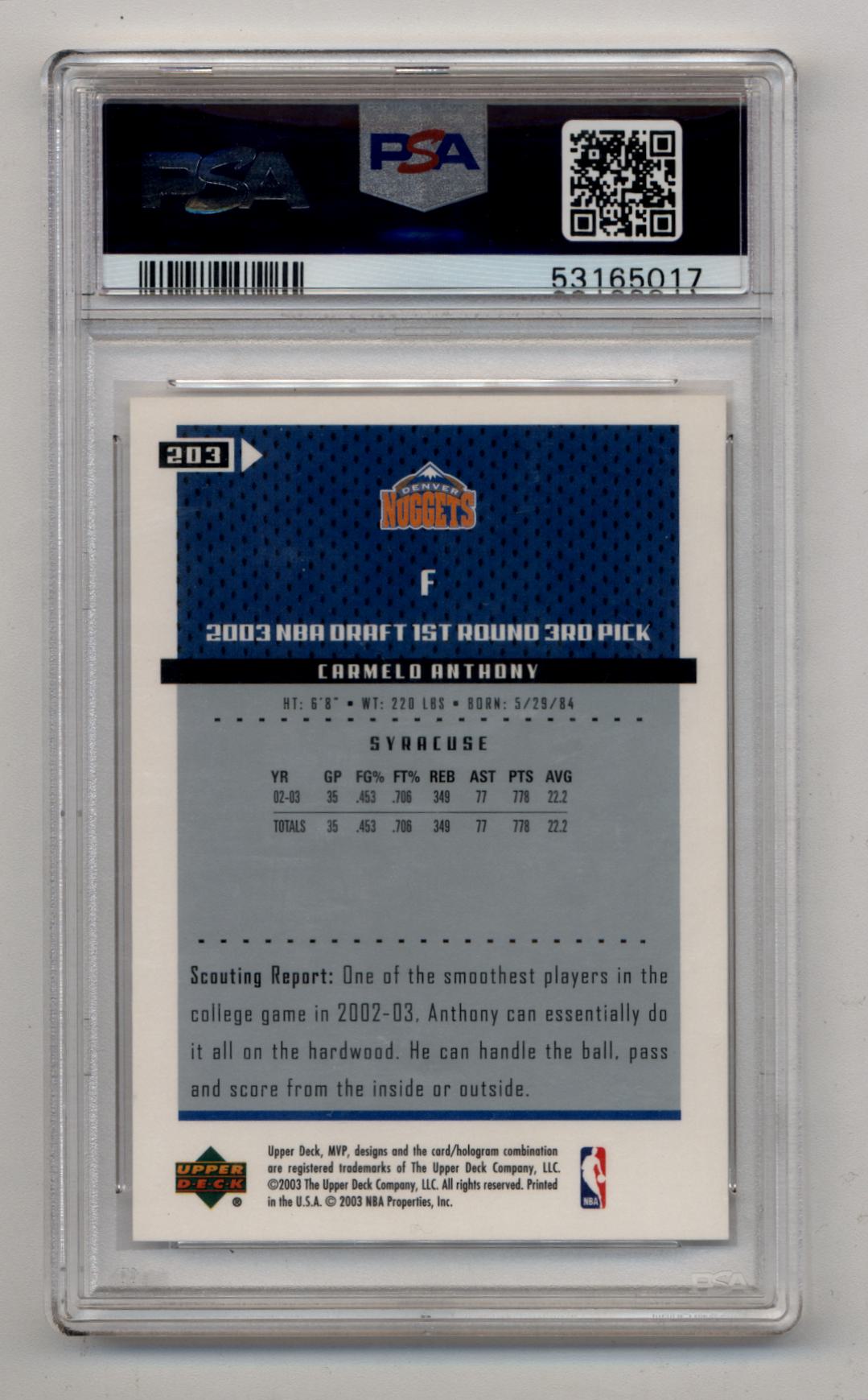 Carmelo Anthony 2003-04 Upper Deck MVP #203 PSA 10 Gem Mint 5017