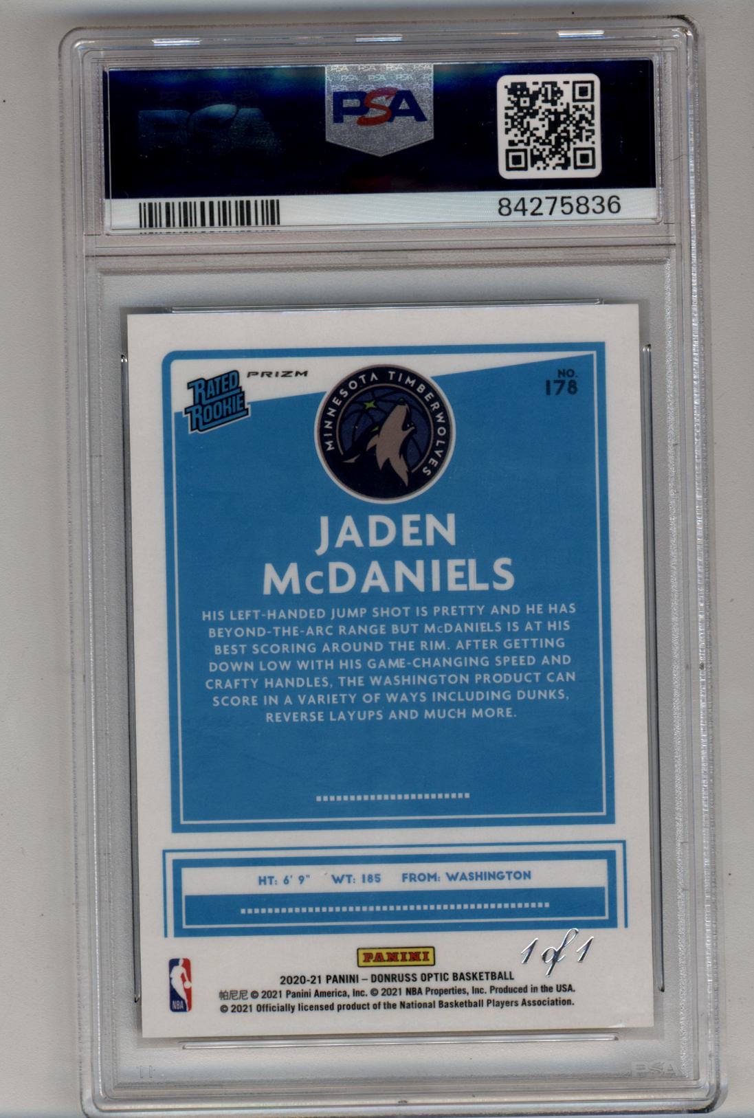 Jaden McDaniels 2020-21 Donruss Optic Fast Break Black 1/1 PSA Authentic