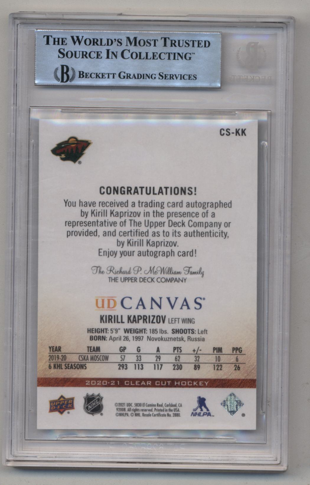 Kirill Kaprizov 2020-21 UD Clear Cut Canvas Red Ink Auto 13/97 BGS Authentic