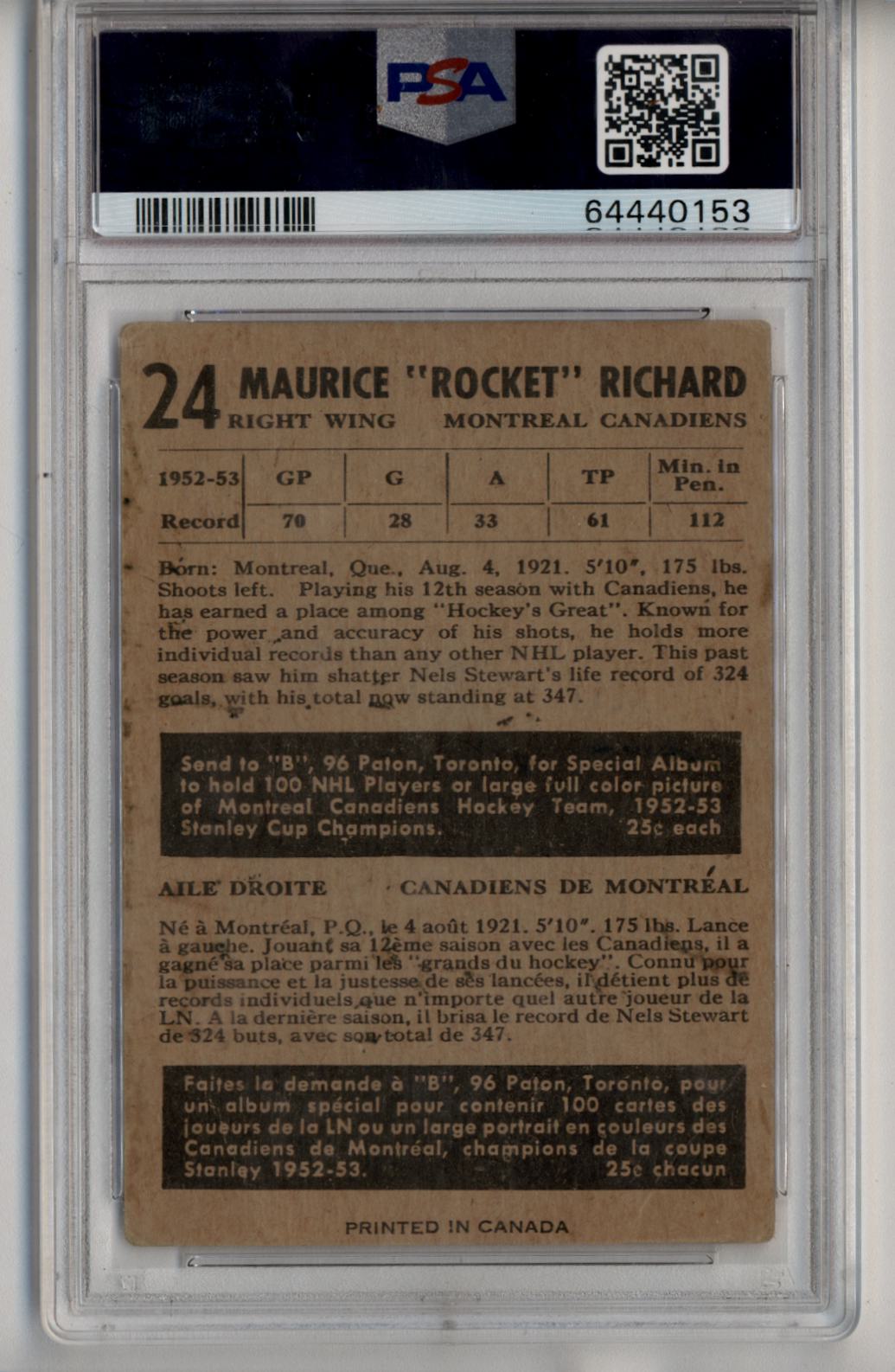 Maurice Richard 1953-54 Parkhurst #24 PSA 1.5 Fair