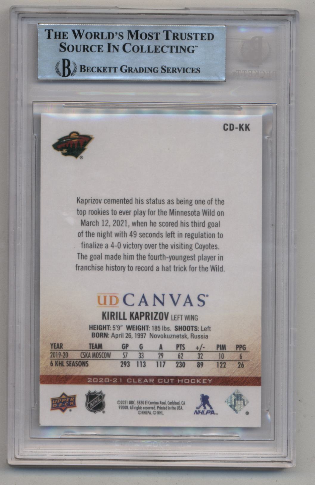 Kirill Kaprizov 2020-21 UD Clear Cut Canvas Kirill Kaprizov BGS Authentication 9175