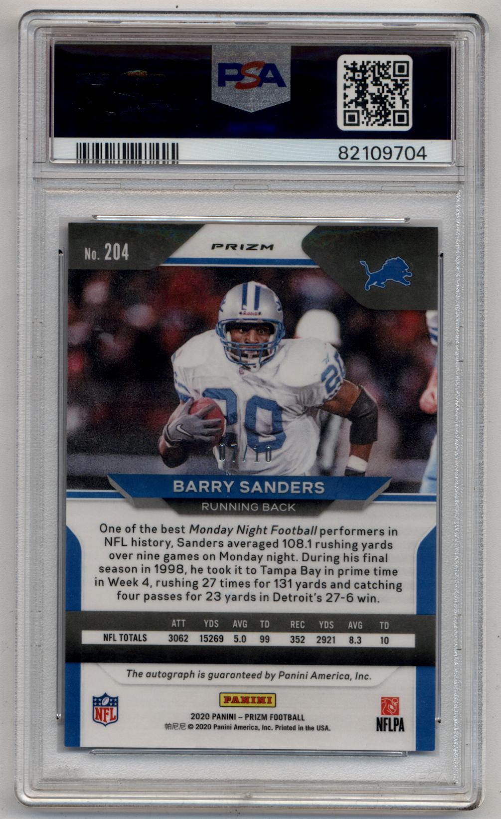 Barry Sanders 2020 Prizm Auto Blue Prizm 07/10 PSA 8 Near Mint-Mint