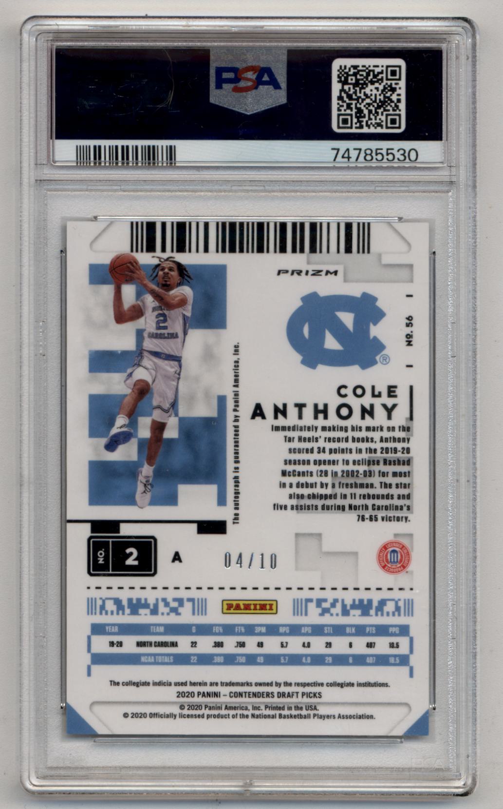 Cole Anthony 2020-21 Contenders Draft Picks Gold 04/10 PSA 10 Gem Mint Auto 10