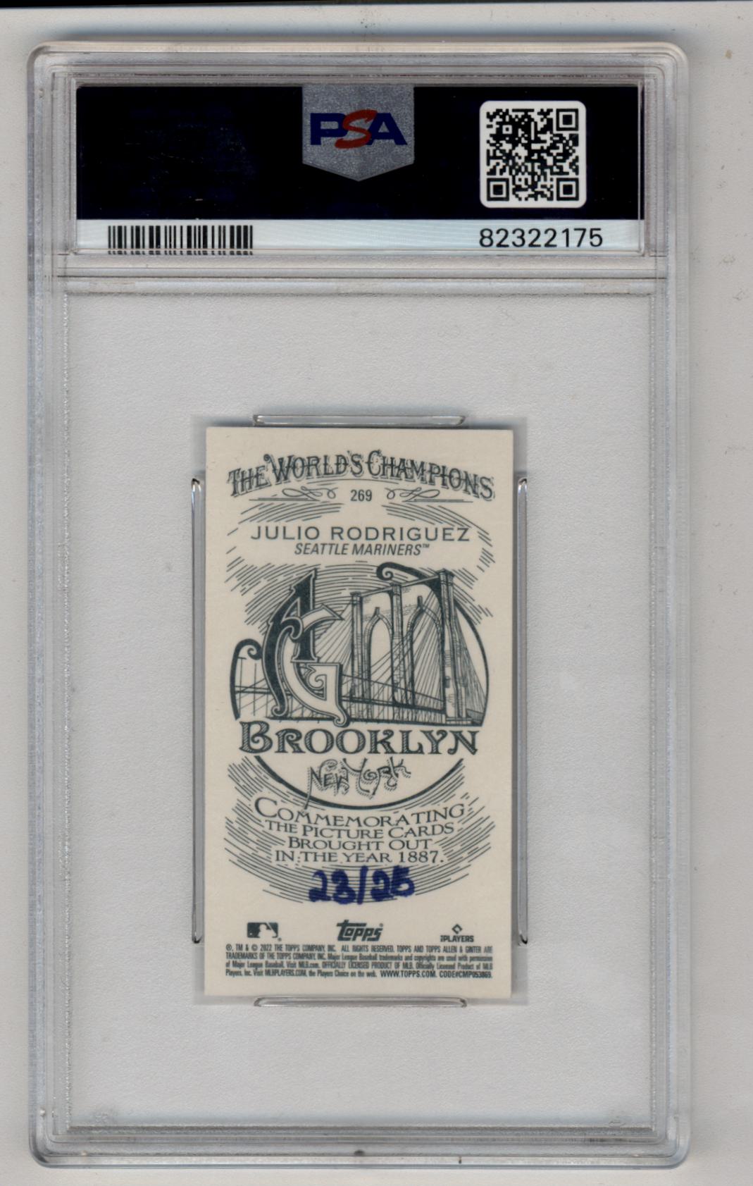Julio Rodriguez 2022 Allen and Ginter Mini-Brooklyn Back 23/25 PSA 10 Gem Mint