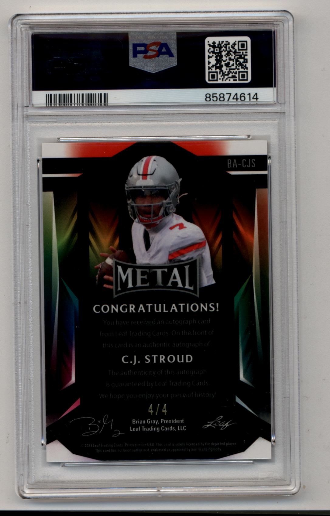 CJ Stroud 2023 Leaf Metal Auto Pink Mojo 4/4 PSA 10 Gem Mint