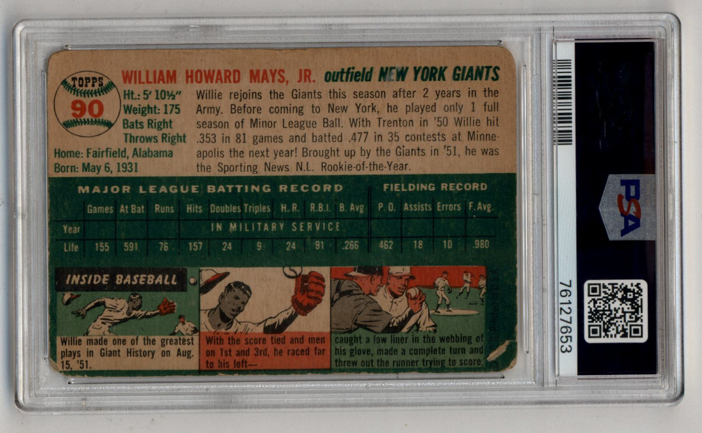 Willie Mays 1954 Topps #90 PSA 1.5 Fair 7653