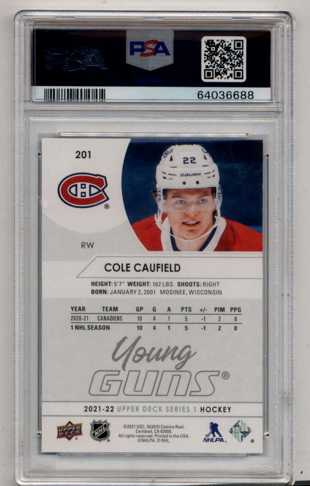 Cole Caufield 2021-22 Upper Deck Young Gun #201 PSA 10 Gem Mint 6688