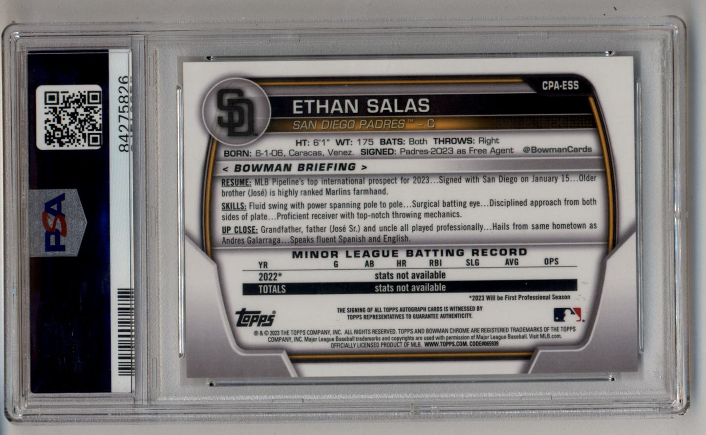 Ethan Salas 2023 Bowman Chrome Prospect Auto PSA 10 Gem Mint 5826