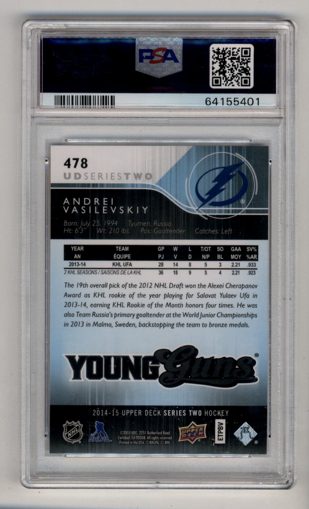 Andrei Vasilevskiy 2014-15 Upper Deck Young Gun #478 PSA 10 Gem Mint 5401