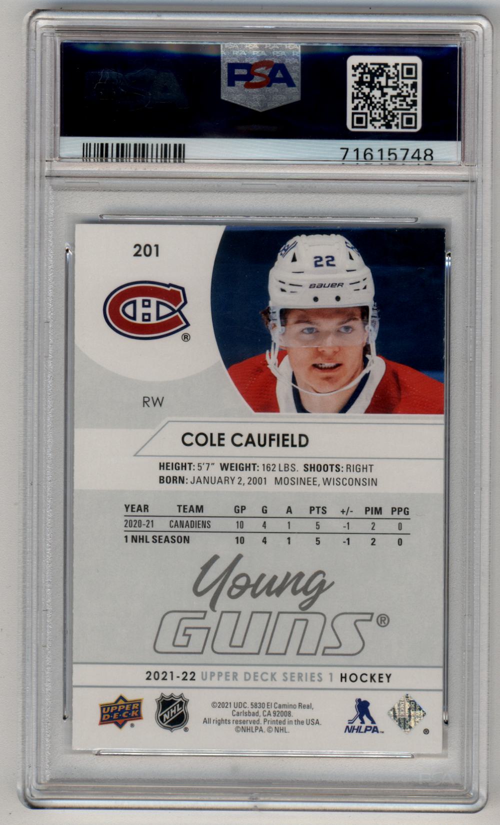Cole Caufield 2021-22 Upper Deck #201 Young Gun PSA 10 Gem Mint 5748
