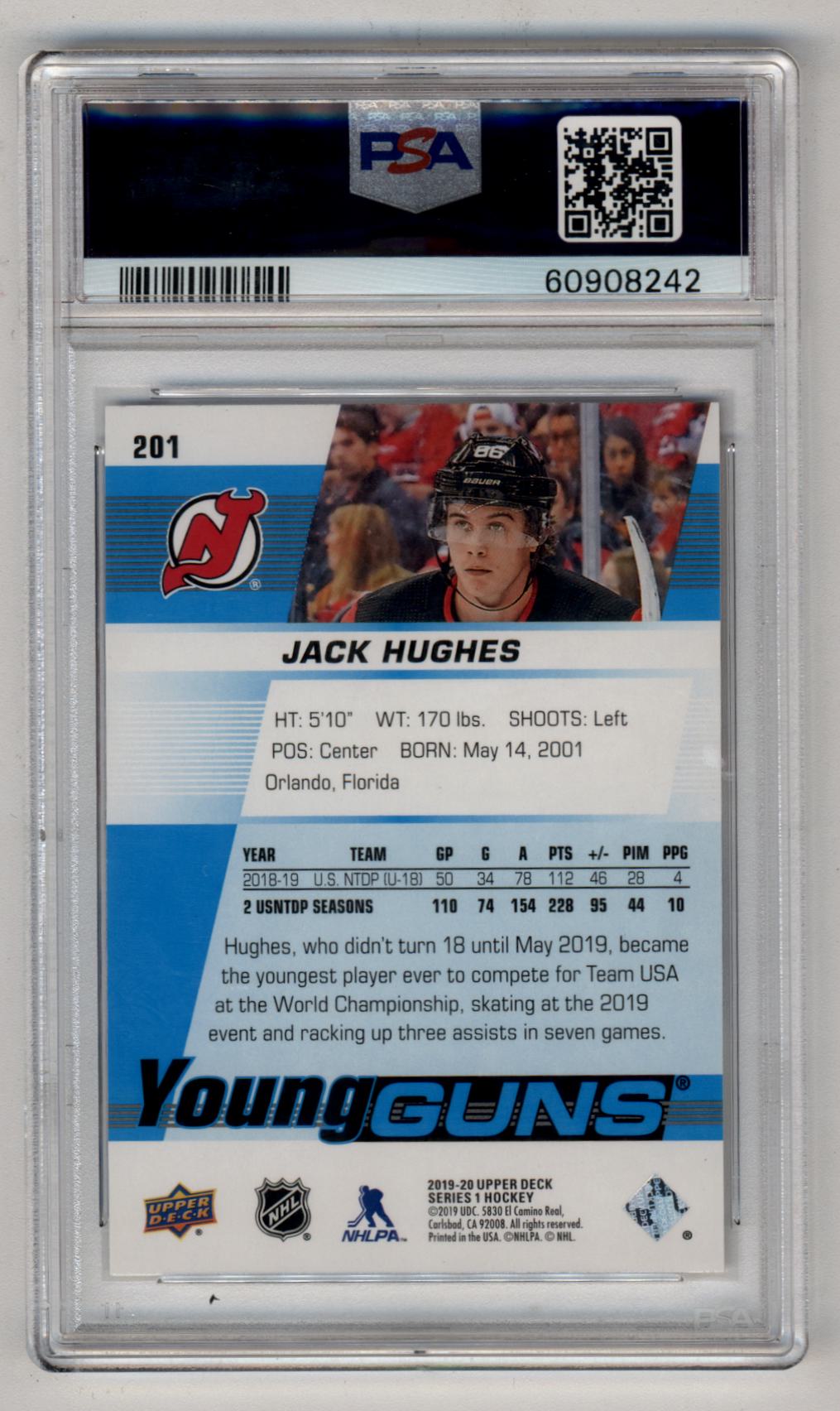 Jack Hughes 2019-20 Upper Deck Young Gun #201 PSA 10 Gem Mint 8242
