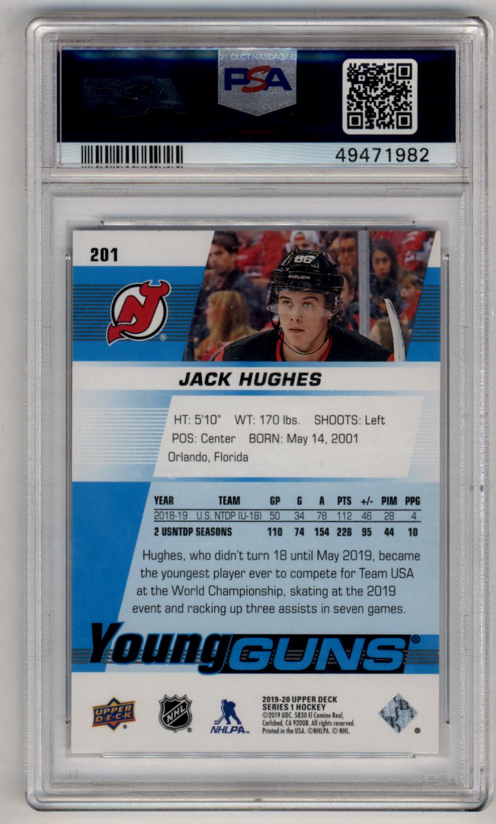Jack Hughes 2019-20 Upper Deck Young Gun #201 PSA 10 Gem Mint 1982