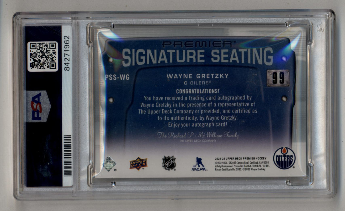 Wayne Gretzky 2021-22 UD Premier Signature Seats PSA 9 Mint Auto 10