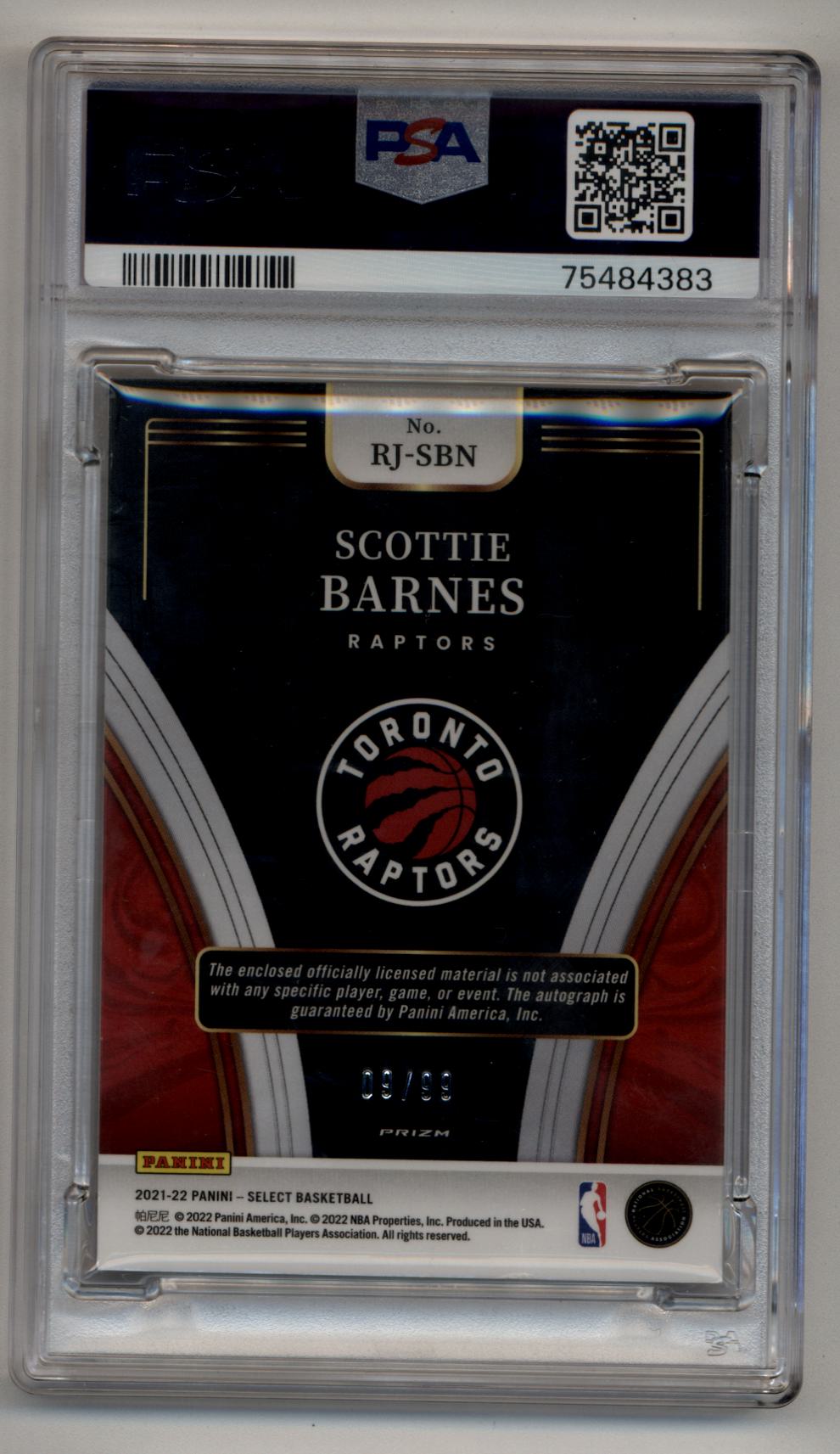 Scottie Barnes 2021-22 Select Rookie Relic Auto Purple 09/99 PSA 10 Gem Mint Auto 10