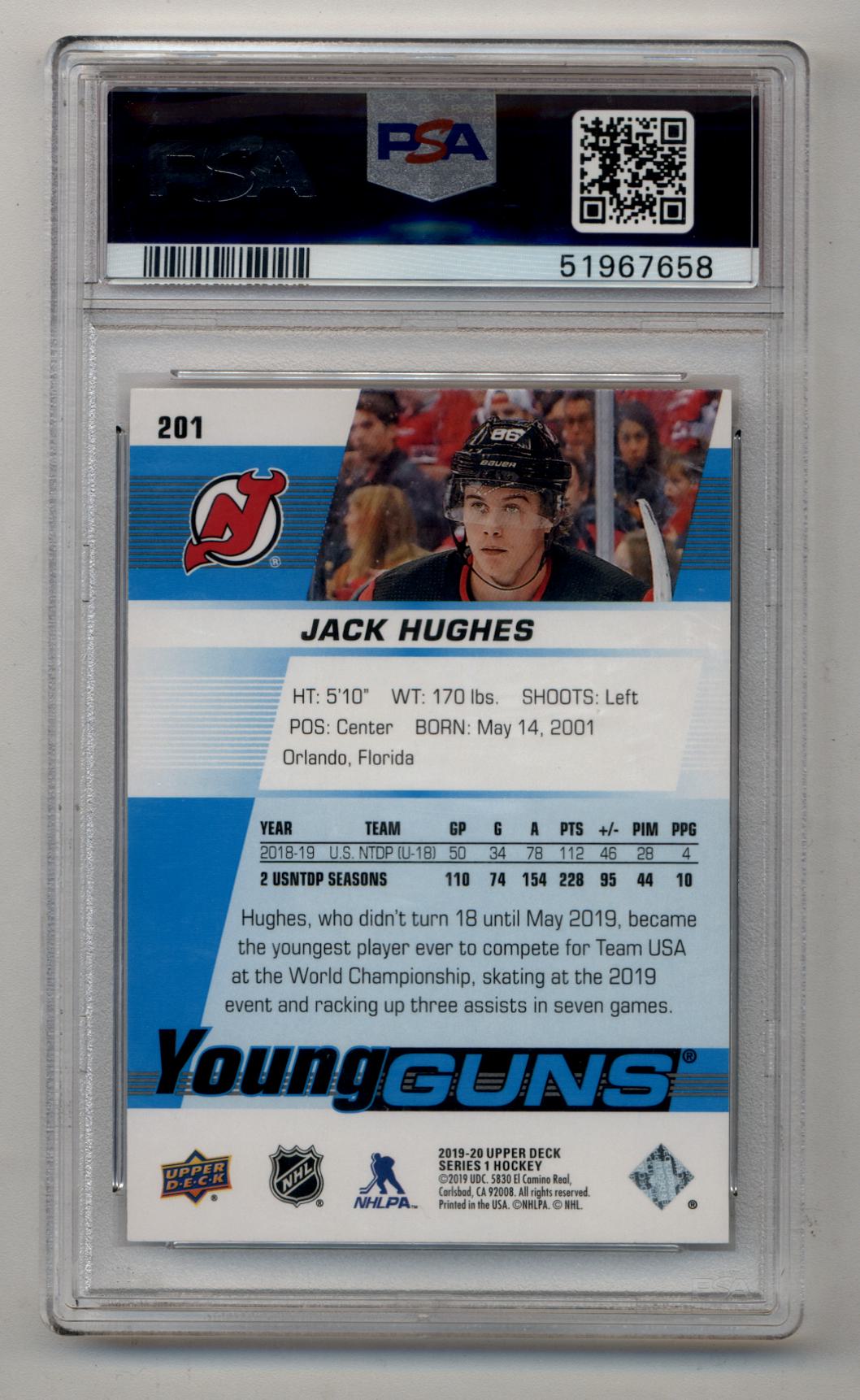 Jack Hughes 2019-20 Upper Deck Young Gun #201 PSA 10 Gem Mint 7658