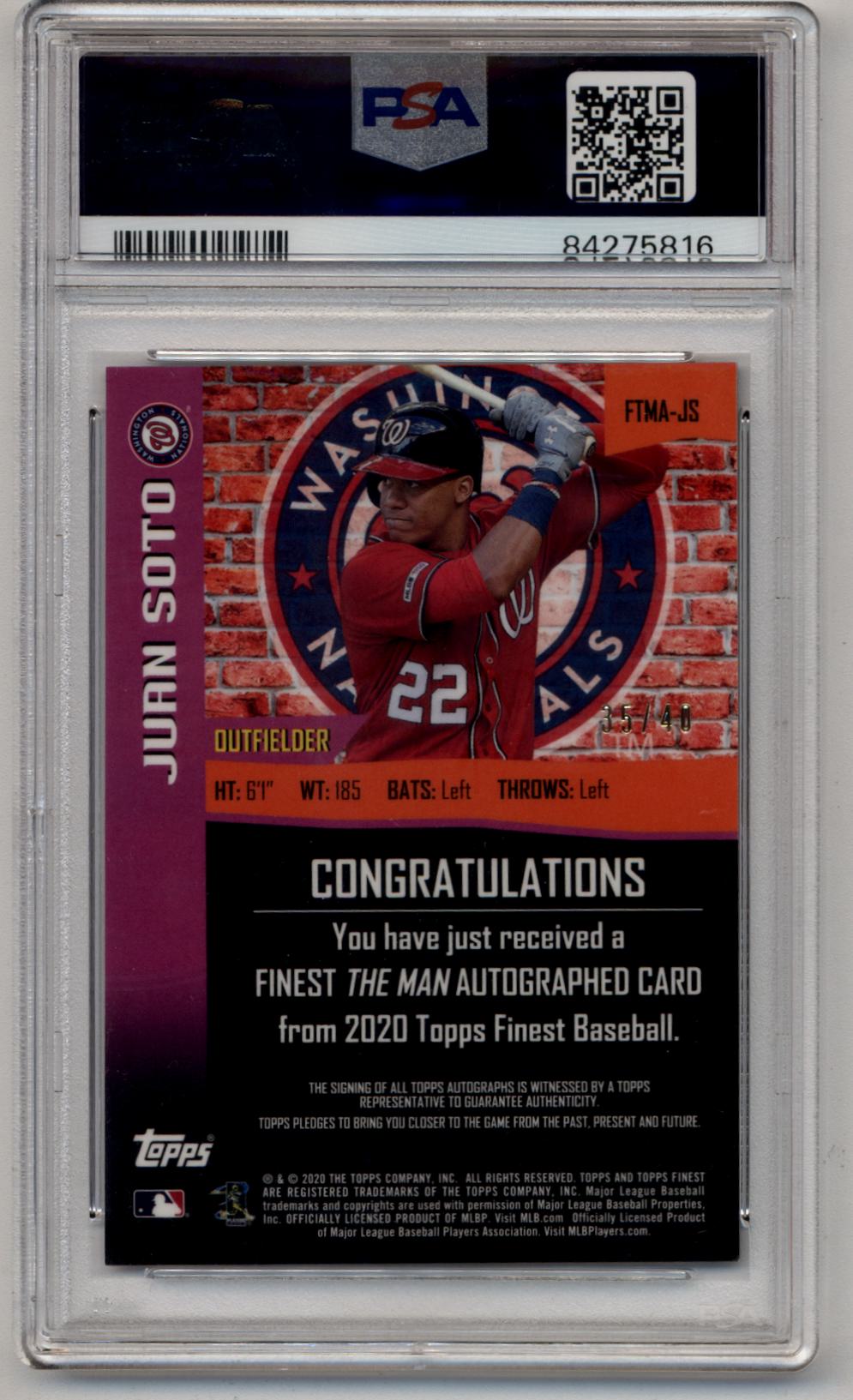 Juan Soto 2020 Finest '98 The Man Auto 35/40 PSA 10 Gem Mint