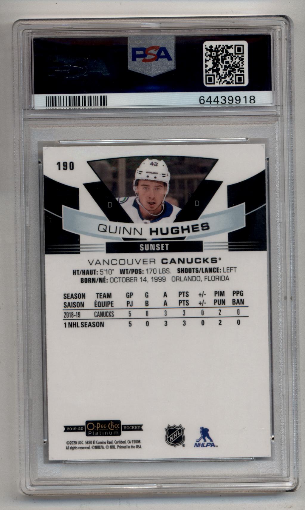 Quinn Hughes 2019-20 O-Pee-Chee Platinum Sunset PSA 10 Gem Mint