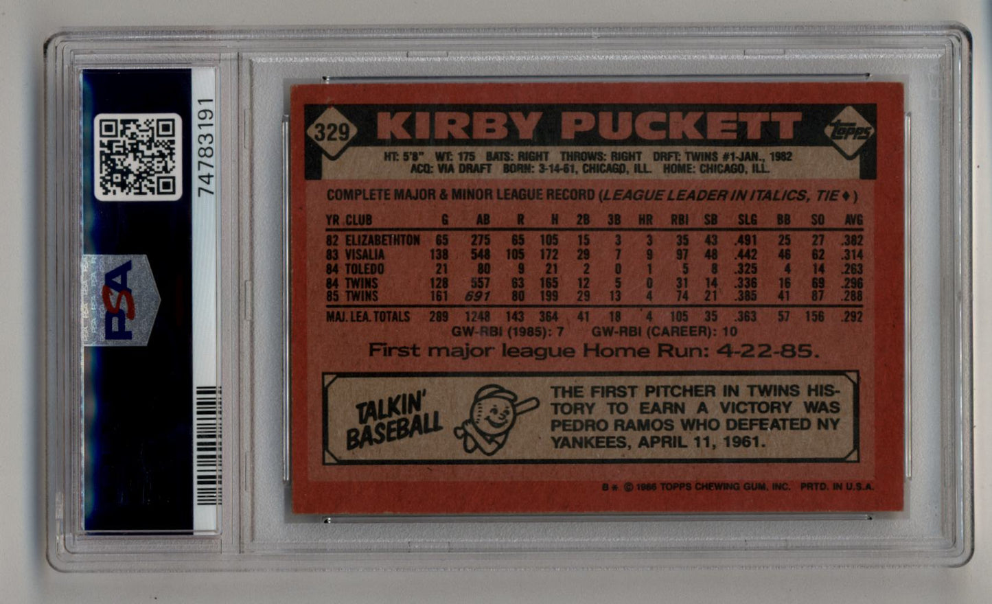 Kirby Puckett 1986 Topps #329 Auto PSA Authentic