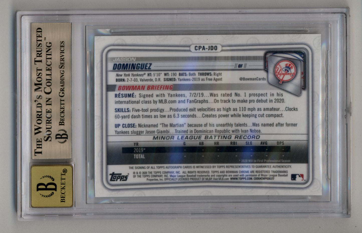 Jasson Dominguez 2020 Bowman Chrome Prospect Auto Gold Shimmer 14/50 BGS 9.5 Gem Mint Auto 10