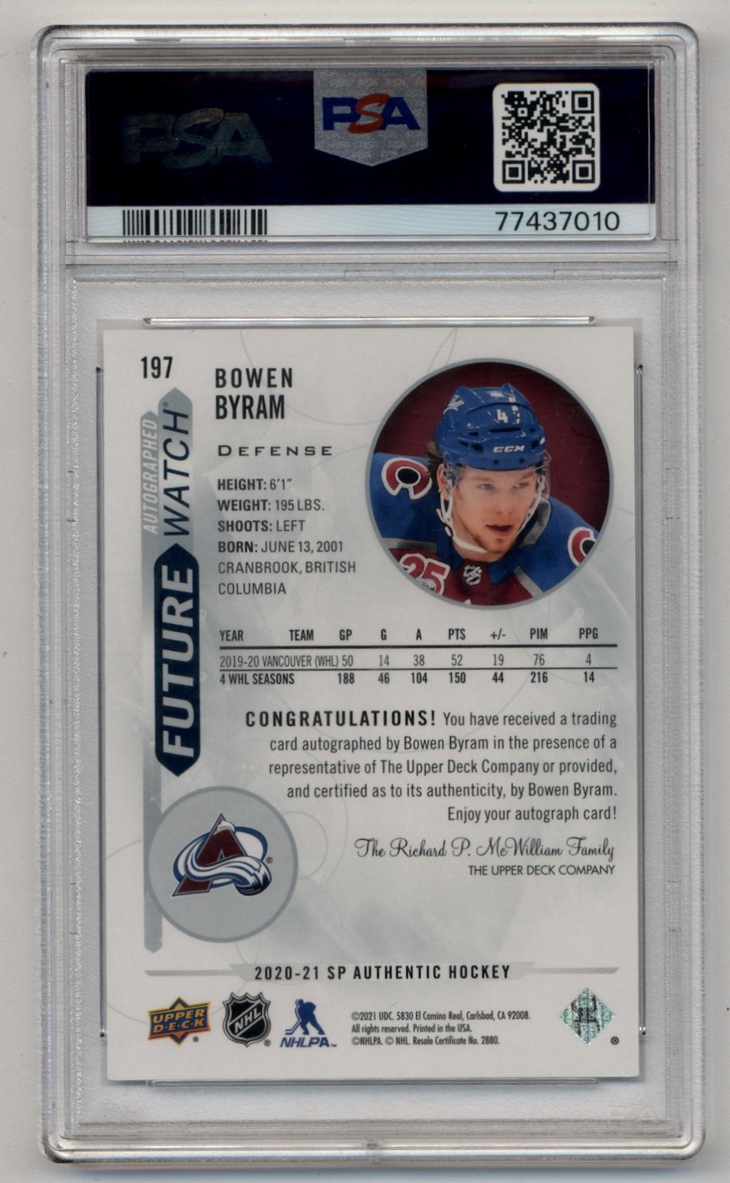 Bowen Byram 2020-21 SP Authentic Auto 201/999 PSA 10 Gem Mint