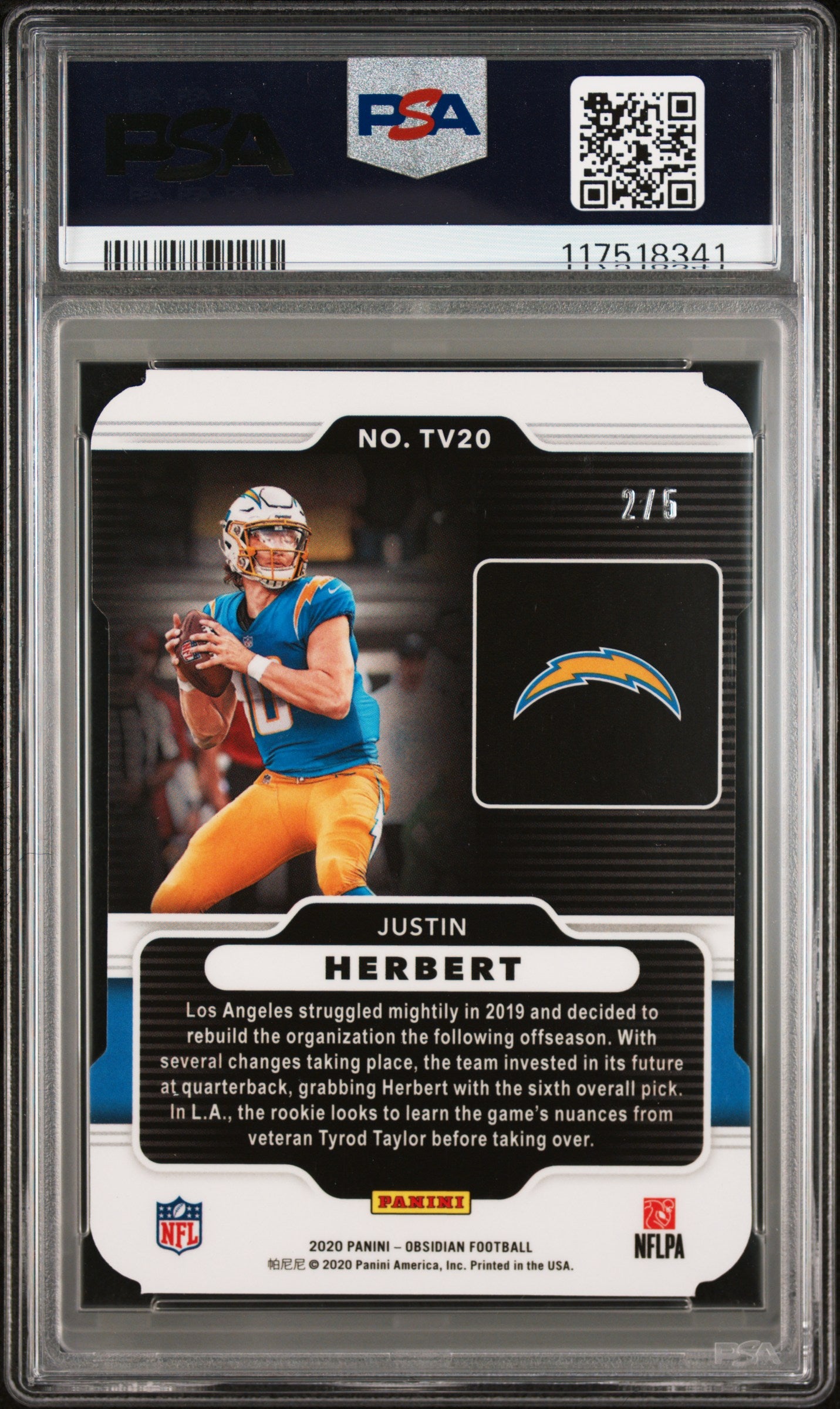 Justin Herbert 2020 Panini Obsidian Tunnel Vision Red #2/5 PSA 9 Mint