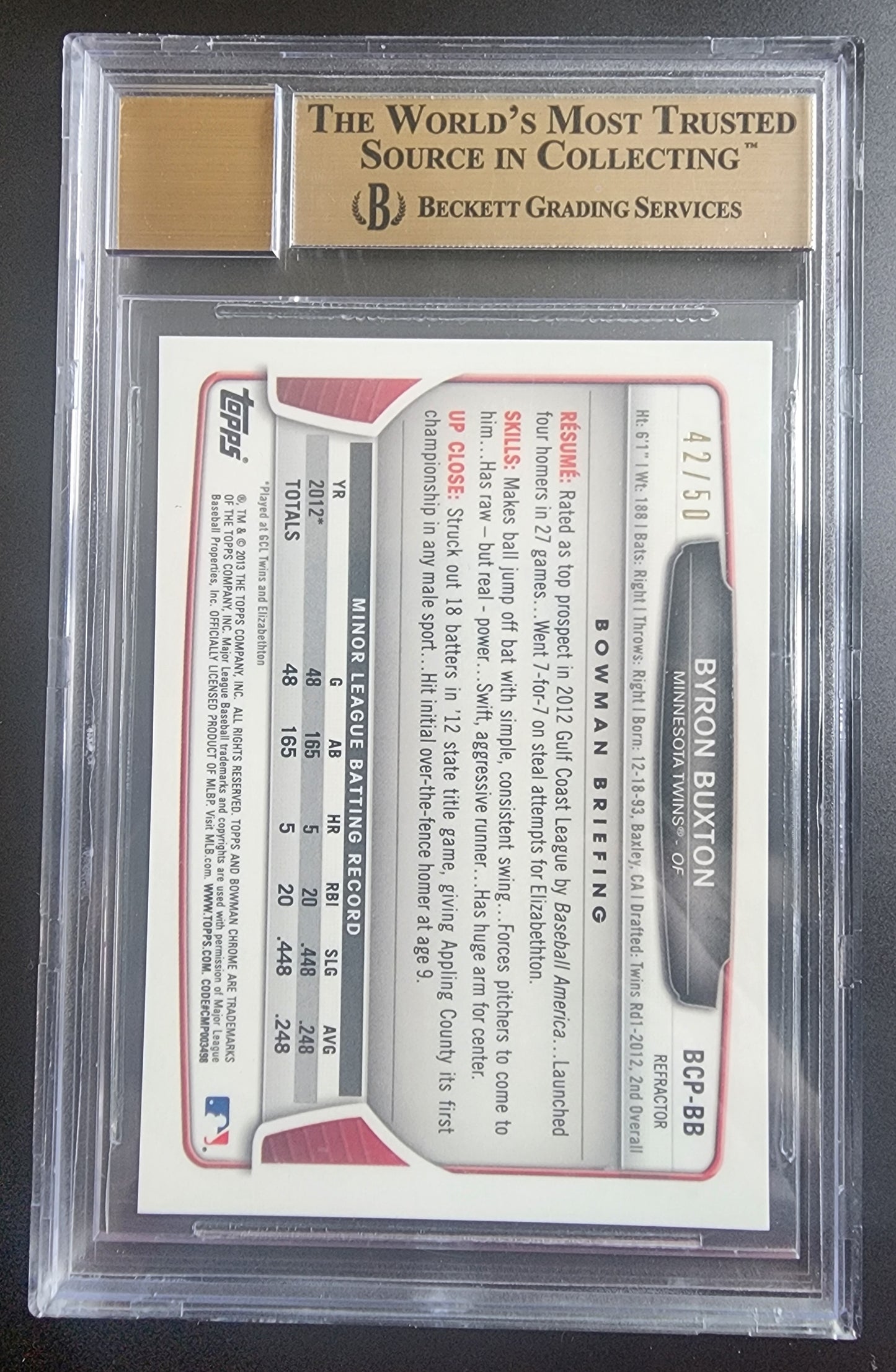 Byron Buxton 2013 Bowman Chrome Autograph Blue Wave Refractor 42/50 BGS 9.5 Gem Mint 10 Auto