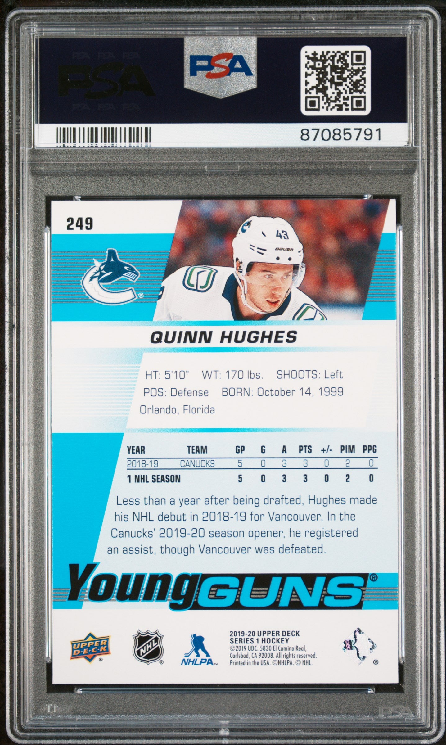 Quinn Hughes 2019 Upper Deck Rookie #249 PSA 10 Gem Mint 5791