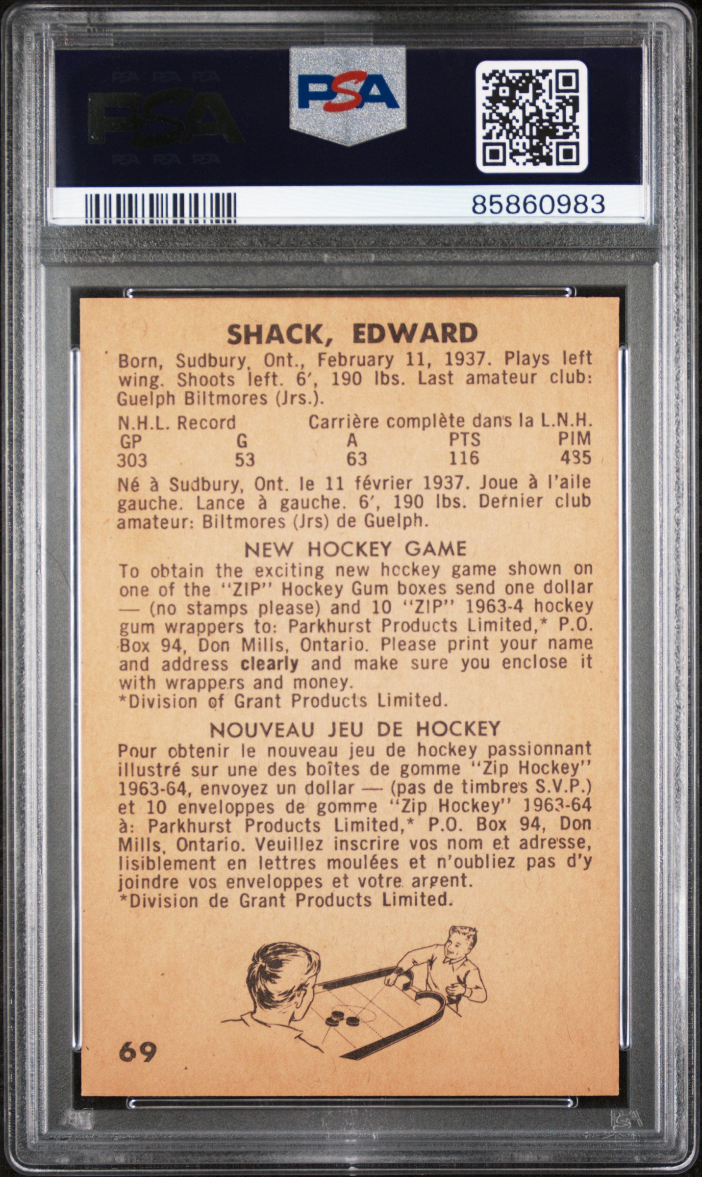 Eddie Shack 1963 Parkhurst #69 PSA 8 Nm-Mint 8