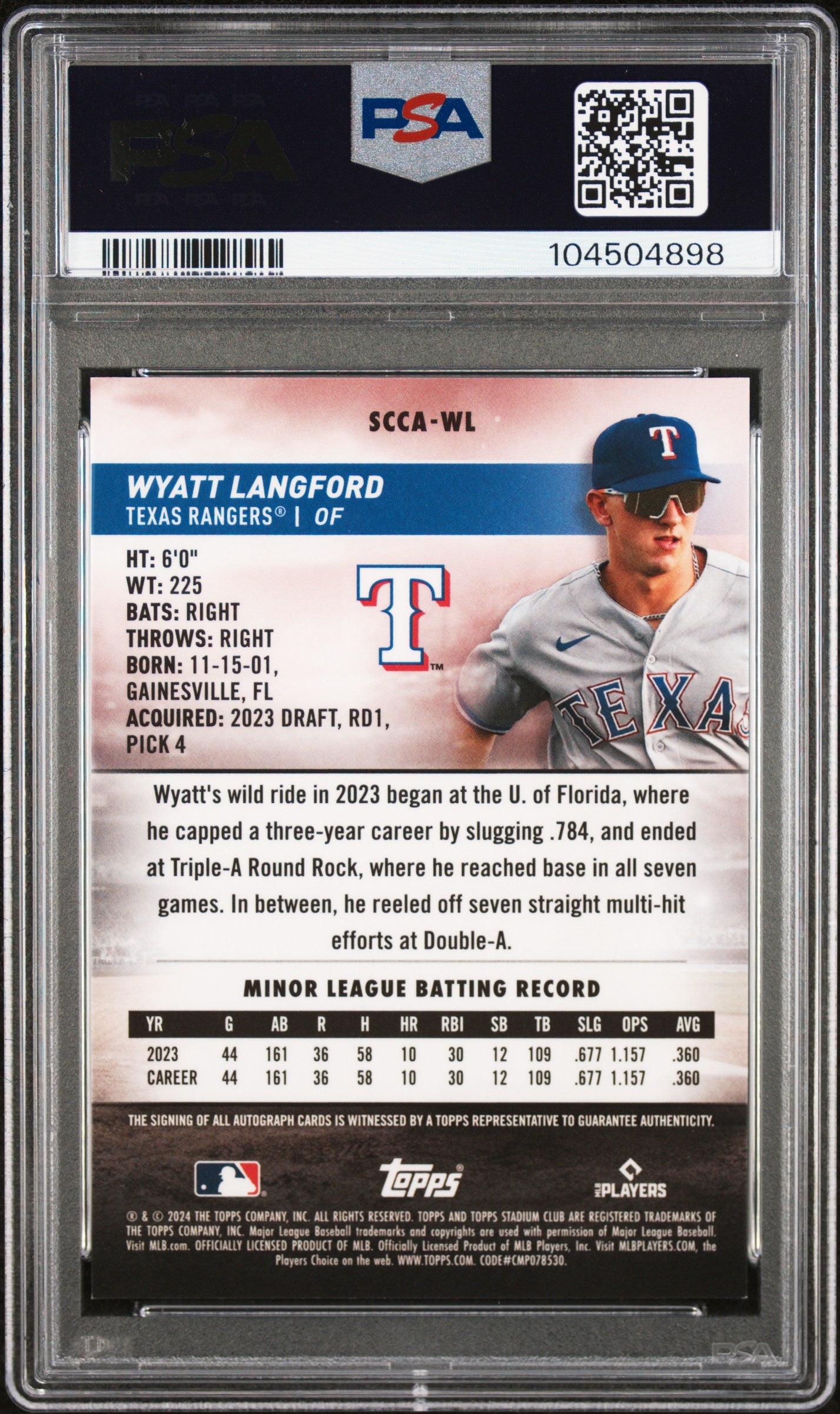 Wyatt Langford 2024 Topps Stadium Club Chrome Red Refractor Auto #35/50 PSA 8.5 Nm-Mint+